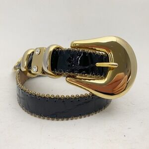 Vintage BB Simon Black Croc Patent Leather Belt Women XS Gold Crystal Ball Chain